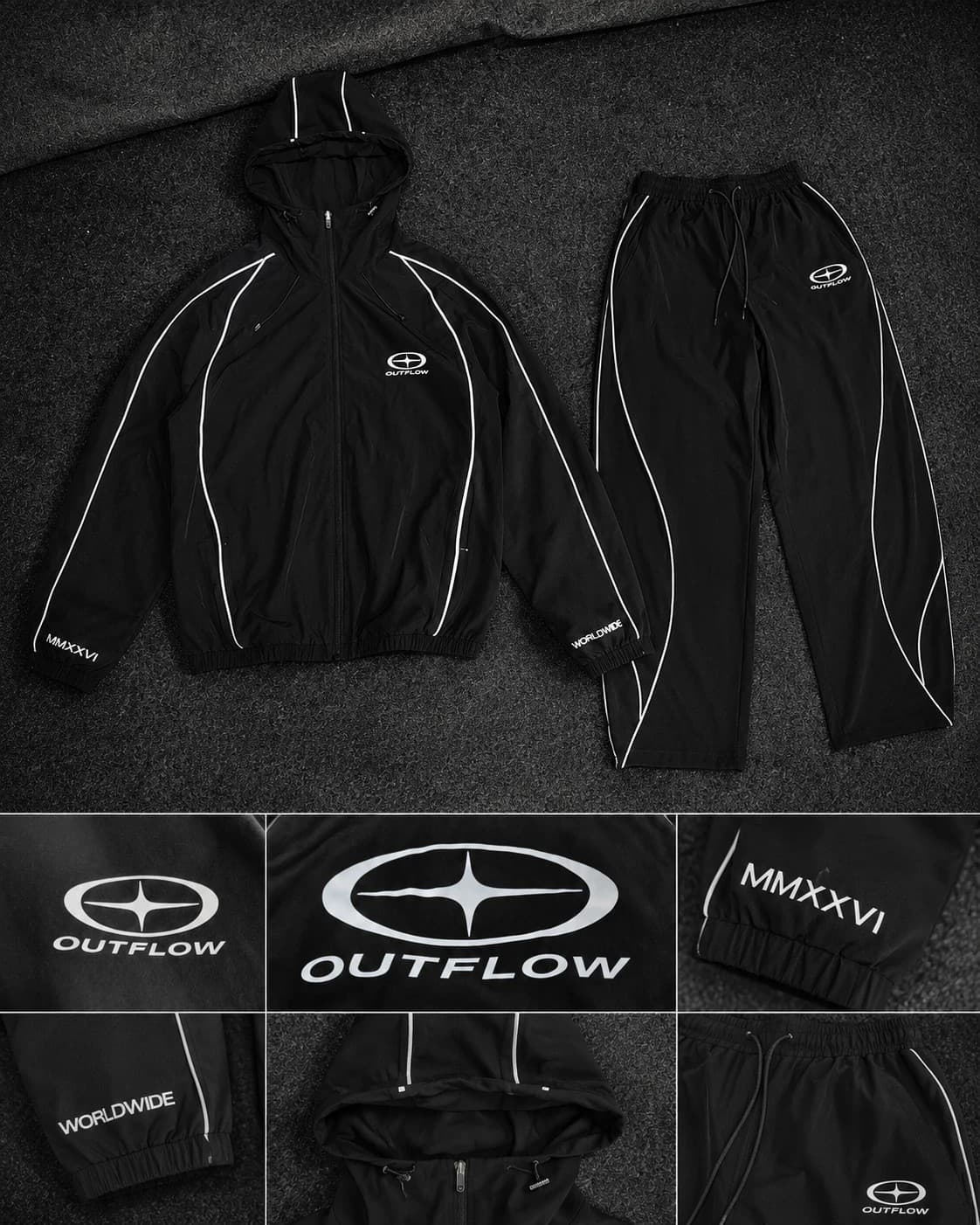 OUTFLOW Track Jacket and Track Pant, MMXXVI campaign detail grid