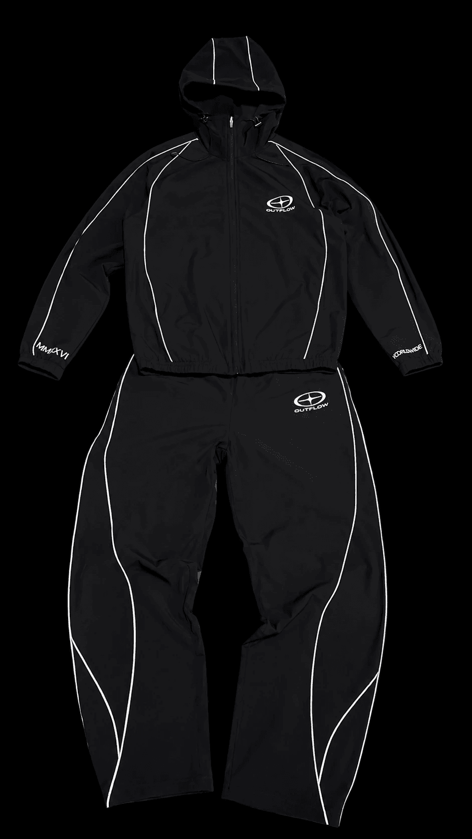 OUTFLOW® Reflective Tracksuit Set photographed against a black background