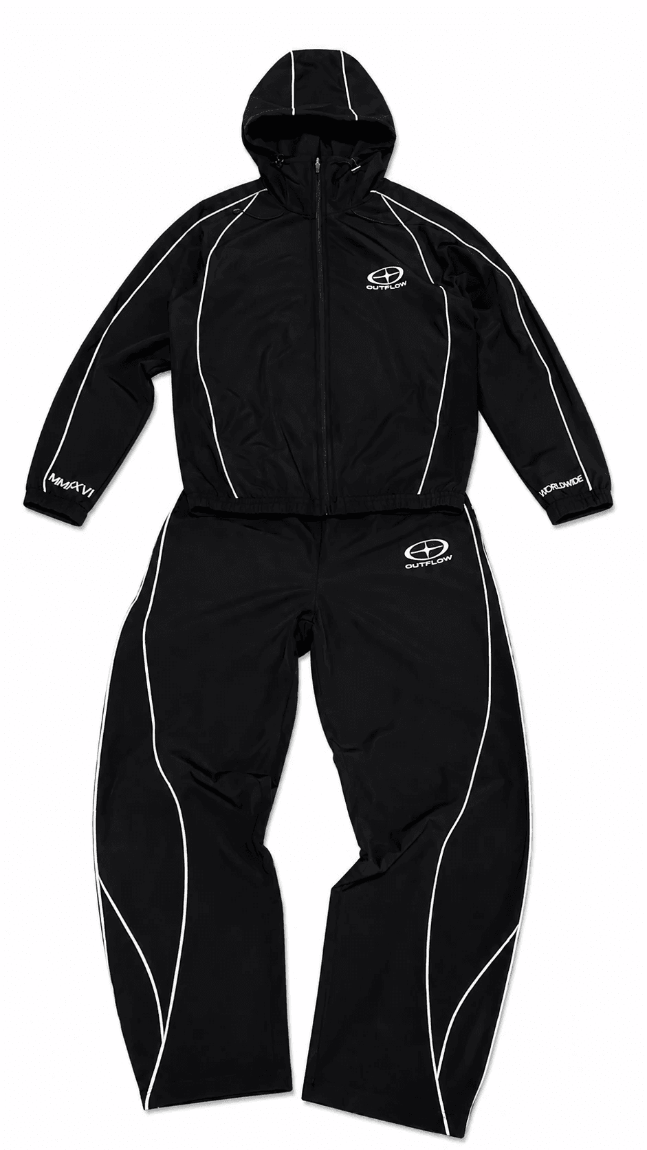Black OUTFLOW® Reflective Tracksuit Set on white background